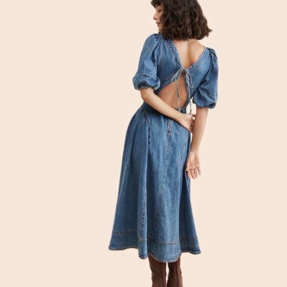 Pilcro Anthropology Blue Denim Midi Dress with Open Back and Puff Sleeves